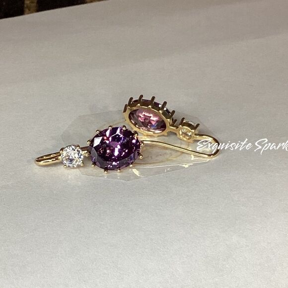 💜Elegant 10k Gold Vermeil Oval Cut Purple Amethyst Cz Diamond Hook Drop Earrings - Picture 4 of 16
